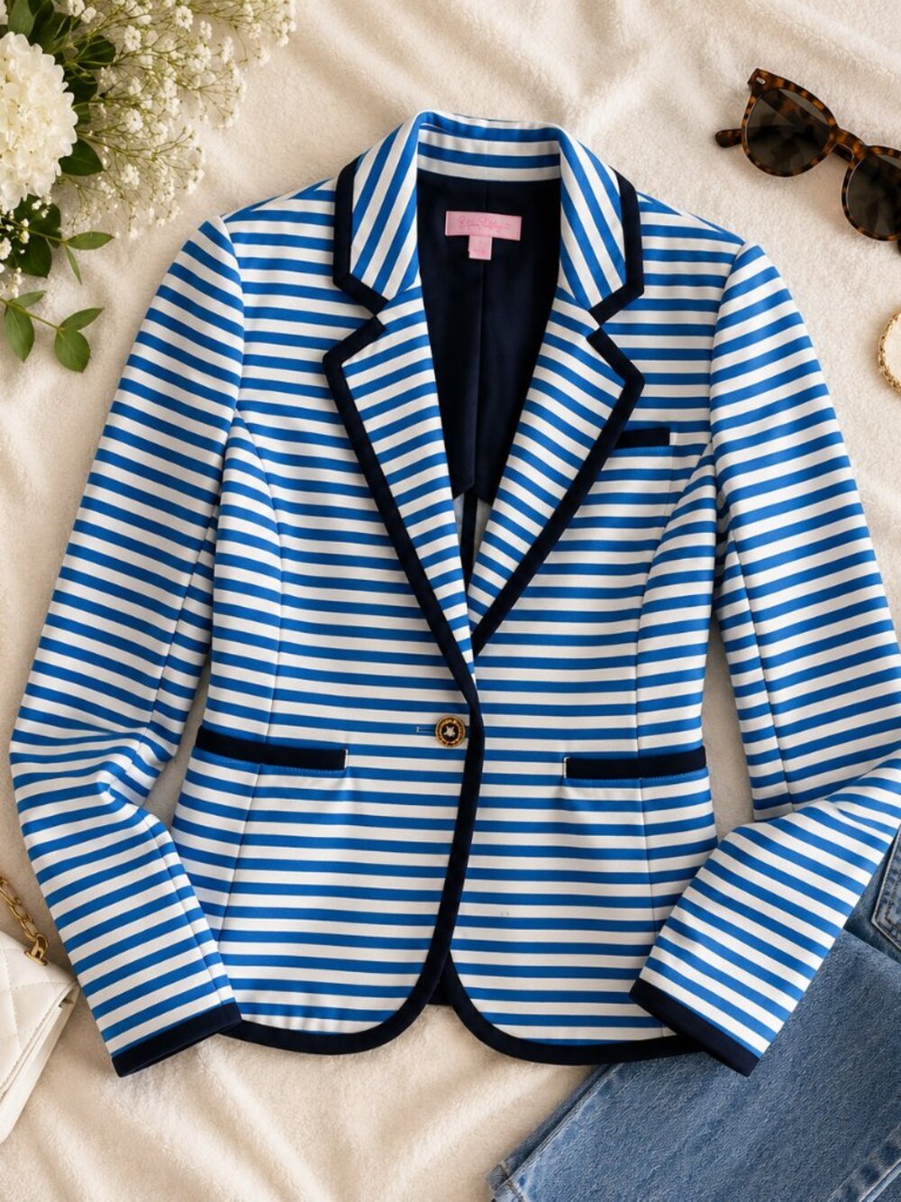 Lilly Pulitzer Blue & White Striped Blazer with Navy Trim, size Small